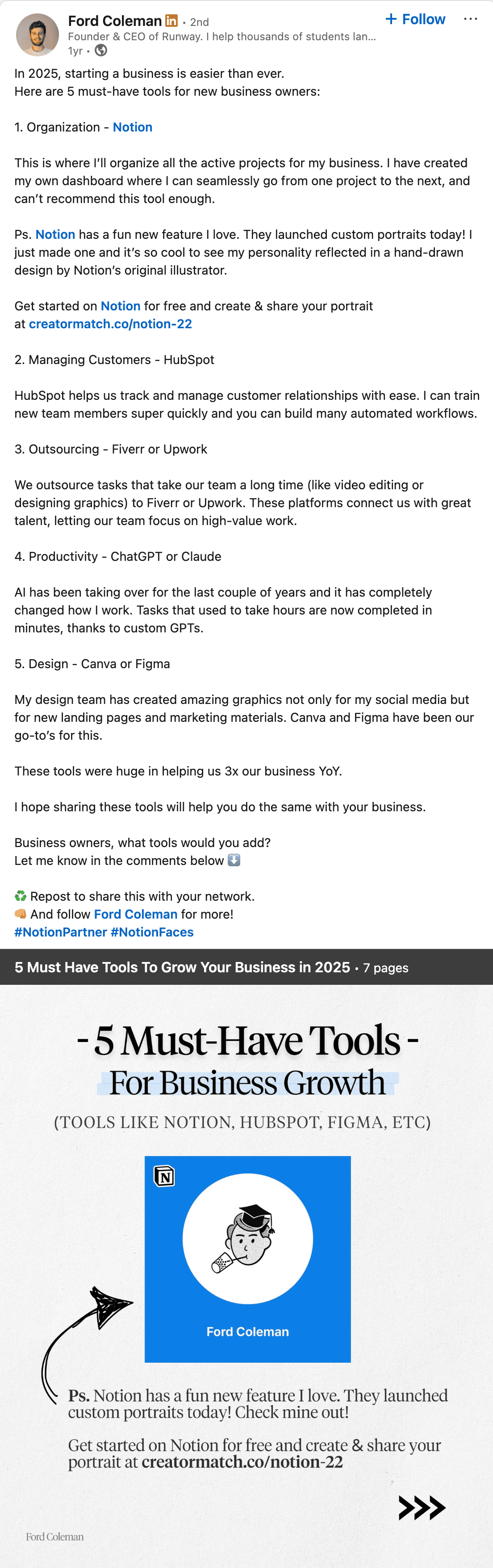 Sample LinkedIn post showing Notion-style creator-led workflow storytelling